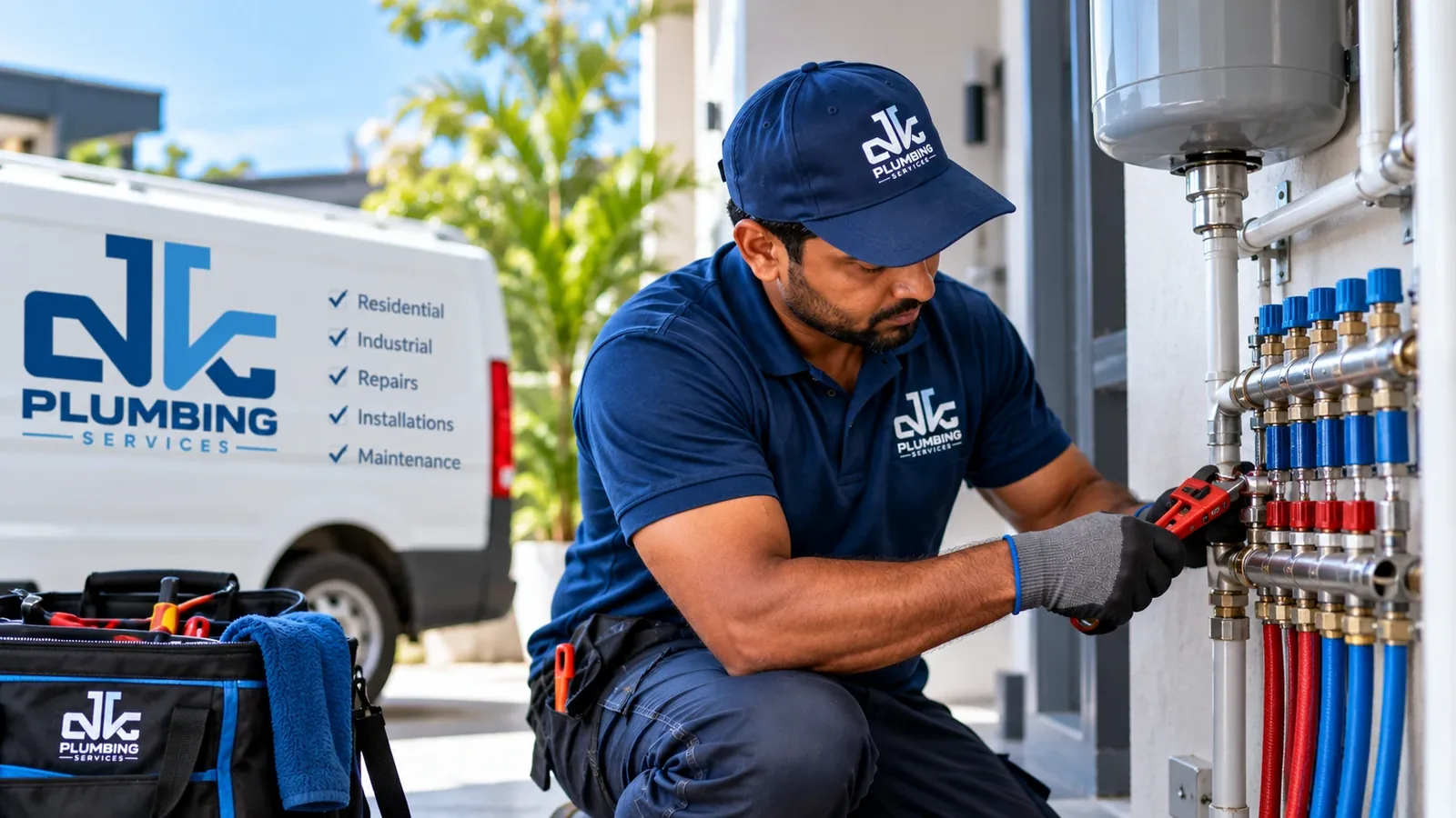 DK Plumbing technician fitting a copper manifold beside a branded service van in Mauritius