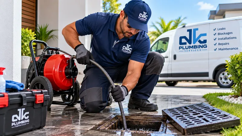 Blocked outdoor drain being cleared and unclogged