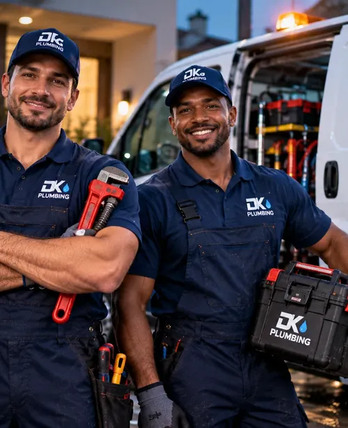 Two DK Plumbing technicians ready to respond beside their service van