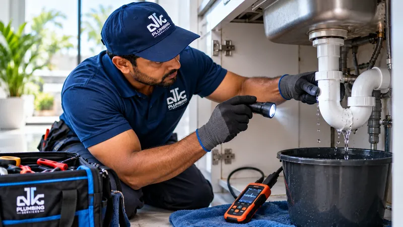 Plumber locating a hidden water leak in a wall pipe